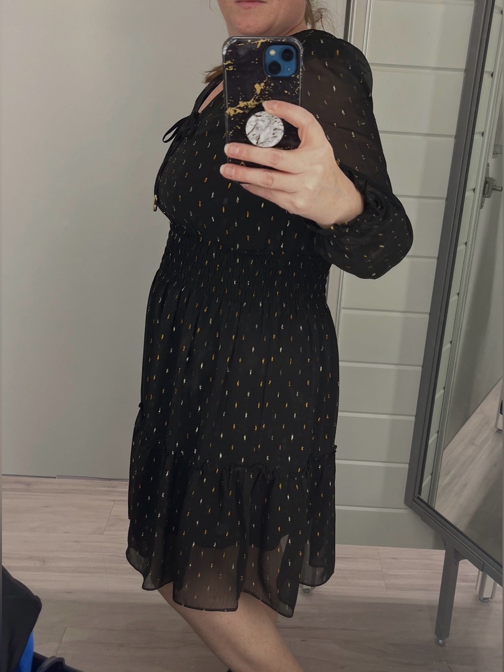 Taylor Black Dress with Gold Dot Accents, Long Sleeve